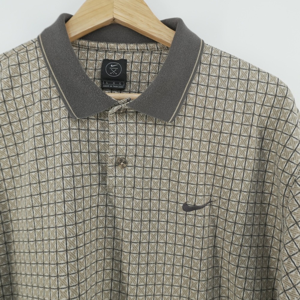 VTG Nike Golf Polo Shirt Mens Large L Tan Grey Grid Pattern Short Sleeve Swoosh